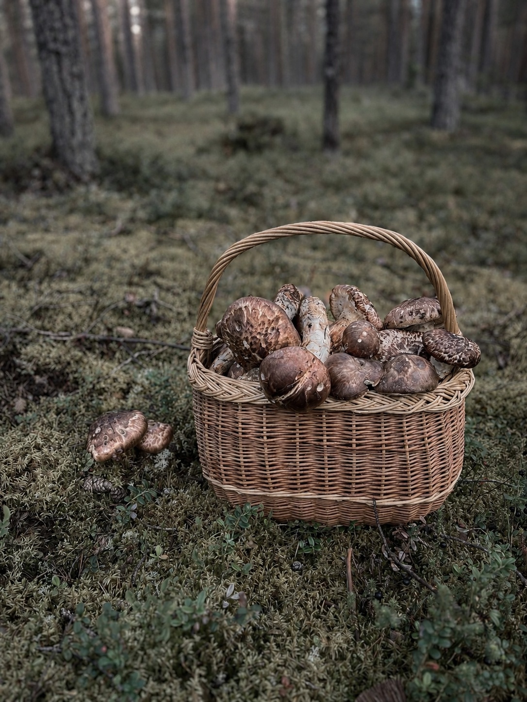 Korg med nyplockad goliatmusseron i en jämtländsk tallskog